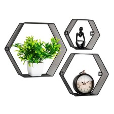 3 PCS Hexagon Floating Shelves Honeycomb Metal Mesh 14x4x12 Inch Black