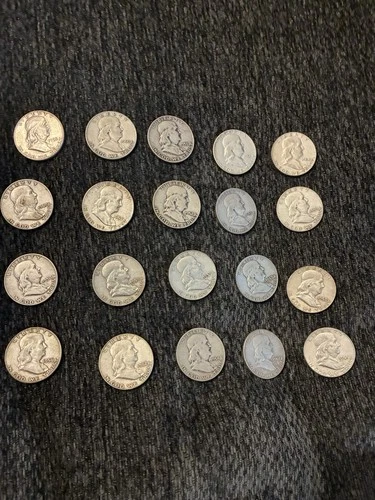 90%  SILVER (20) BEN FRANKLIN  HALF DOLLAR COINS  GOOD CIRCULATED CONDITION