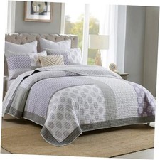 Quilt Set Queen Size, 100 Cotton Bedspread Queen 90"x98" Purple/Grey/White