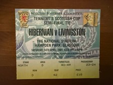 Hibernian v Livingston Scottish Cup Semi Final Ticket Stub 14/1/2001