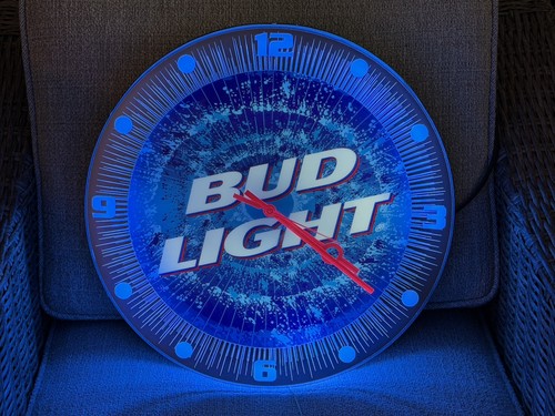 Bud Light Electric Blue Neon Fluorescent 17 1/2" battery Operated Wall Clock