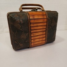 Vintage Wood Bamboo Floral Leather Asian Inspired Boho Purse