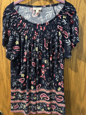 Style & Co Women’s XL Multi-Color Pleated Round Neck Short Sleeve Blouse ~ EUC