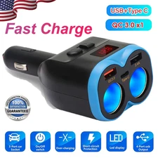 2 Way Car Cigarette Lighter Socket Splitter Dual USB QC3.0 Charger Power Adapter