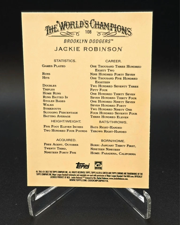 2022 Topps Chrome Allen & Ginter Jackie Robinson #108 Los Angeles Dodgers - Image 2 of 3