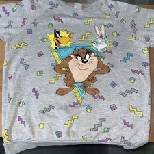 Looney Tunes All Over Print Taz Bugs Bunny Shirt Retro 90s Gray Tee