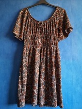 Next Brown Floral Shirred Waist Peasant Boho Off The Shoulder Dress Size 10