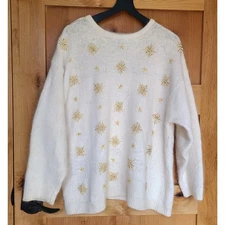 Cezanne Silk Angora Lambswool Cream Beaded Wool Sweater LARGE Winter Snowflake