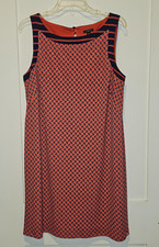 Ann Taylor Petite Dress Womens PL Orange Navy Geo Print Sleeveless Knee Shift