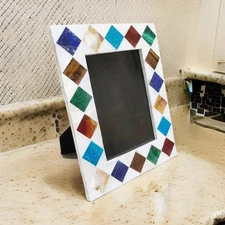 Handcrafted White Marble Photo Frame with Colorful Gemstone Inlay – Elegant Deco