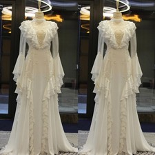 White High Neck Bell Sleeve Vintage Wedding Gown With Long Train Custom Made