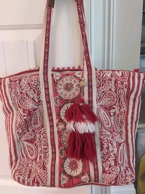Chico's Salmon Cream Striped Beach Pool Tote Bag Beaded Tassels top Zipper