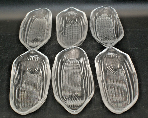 Vtg Corn on the Cob Holders Dishes Plates Clear Pressed Glass Heavy Lot Set of 6