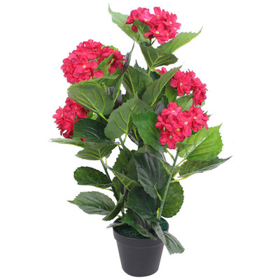 Künstliche Hortensie Pflanze 60cm rot Stoff Blumen Kunststoff Blätter Topf Eisendraht