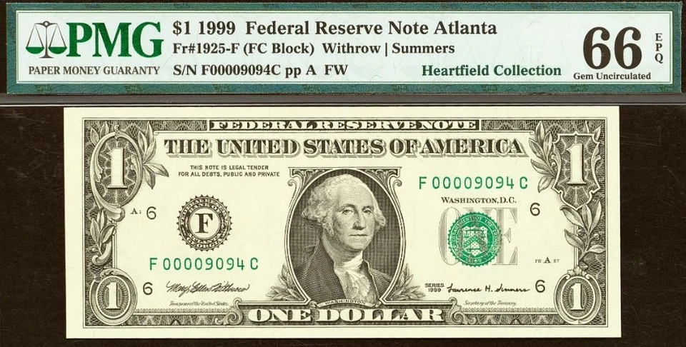 1999 $1 FRN PMG 66EPQ - Matching District & Digits Low Serial Number 00009094 - Image 2 of 4