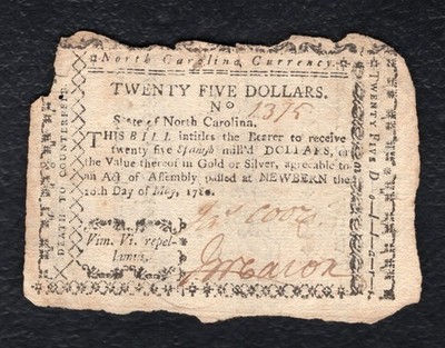 MAY 16, 1780 $25 TWENTY FIVE DOLLARS NORTH CAROLINA COLONIAL CURRENCY NOTE
