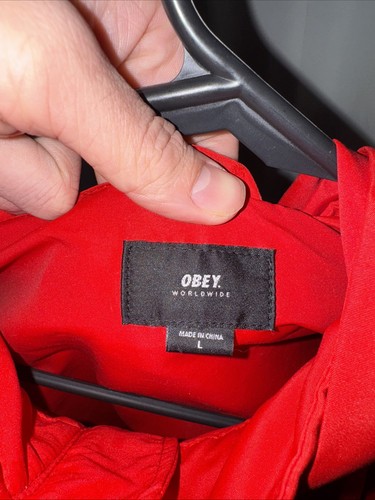 Obey worldwide mens Large red light weight full zip Hooded windbreaker - Picture 5 of 5