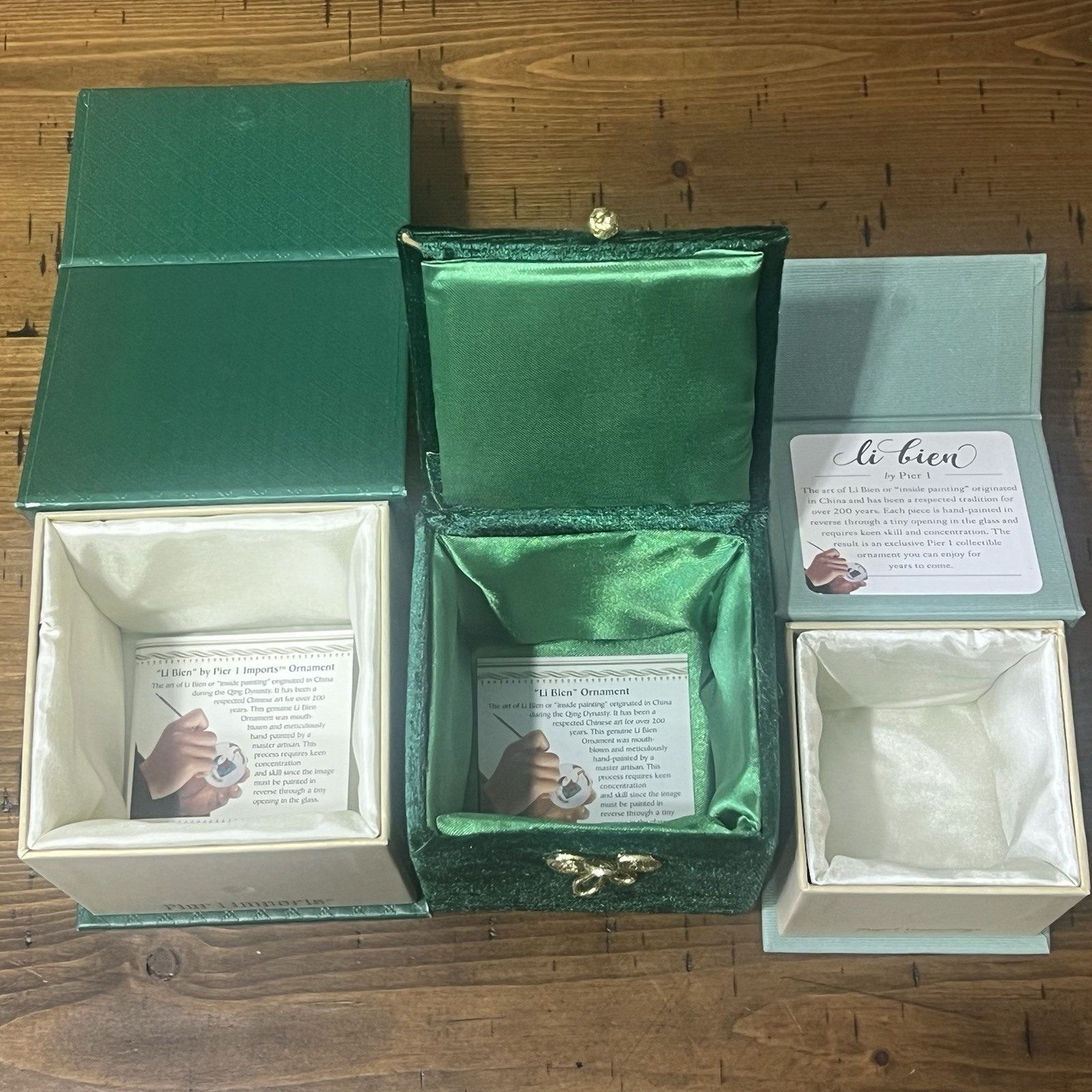 "Li  Bien " PIER 1 Art Hand-Painted Glass Christmas Ornaments Set of 3 w/boxes