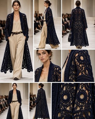 Brunello Cucinelli Navy Cashmere Openwork Crochet Opera Coat Cardigan Sz 3XL NWT
