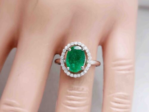 2.50Ct Genuine Natural Mined Emerald And Diamond Ring In 14K White Gold, Halo - Photo 1/15
