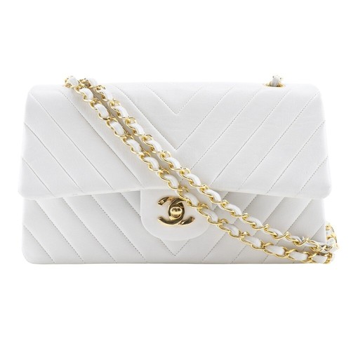CHANEL ChainShoulder Shoulder Bag V-stitch double flap vintage White lambs...