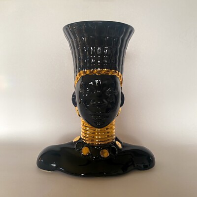 African Nubian Queen 9  Black Ceramic Head Vase Planter Gold Gilt Rare MCM