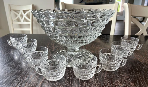 Fostoria American Punch Bowl 8 Cups Vintage Clear Glass Wedding Party Serveware