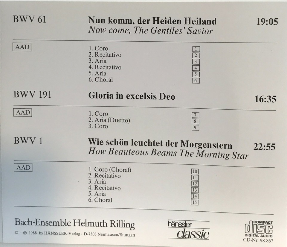 Helmuth Rilling: The Bach Cantata, Vol.16 BWV 61, 191, 1 (CD Hanssler ...
