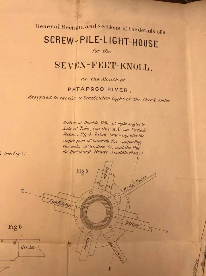 Dibujos planos de río Patapsco casa de luz Screwpile circa 1850 antigüedades raras Foto 4 de 4