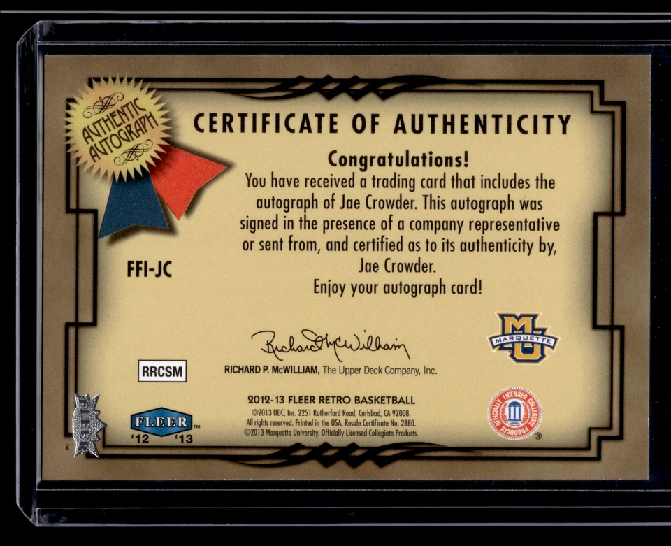 Jae Crowder Rookie Autograph Fresh Ink Focus Fleer Retro Basketball 2012-13 - Image 2 of 2