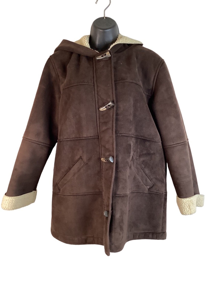 Ralph Lauren Brown Zipup Toggle Jacket Faux Suede Sherpa Hooded