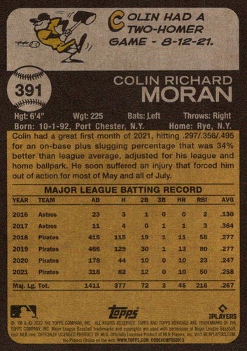 2022 Topps Heritage Colin Moran Pittsburgh Pirates #391 - Picture 2 of 2