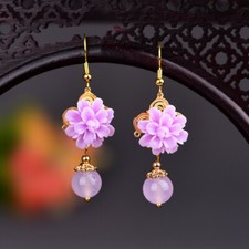 Purple Jade Flower Earrings Women Natural Jewelry Chalcedony 925 Silver