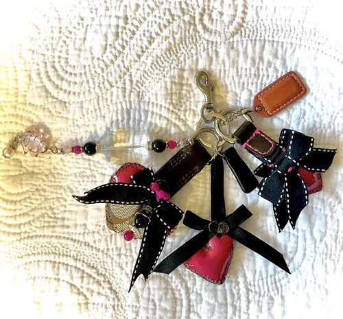 OOAK Designer Upcyled Handbag Bag Charm Key ring Fob Signature Jacquard Hearts