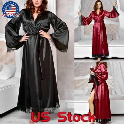 PLUS Women Satin Silk Lace Lingerie Sleepwear Sexy Kimono Bath Robe Nightdress