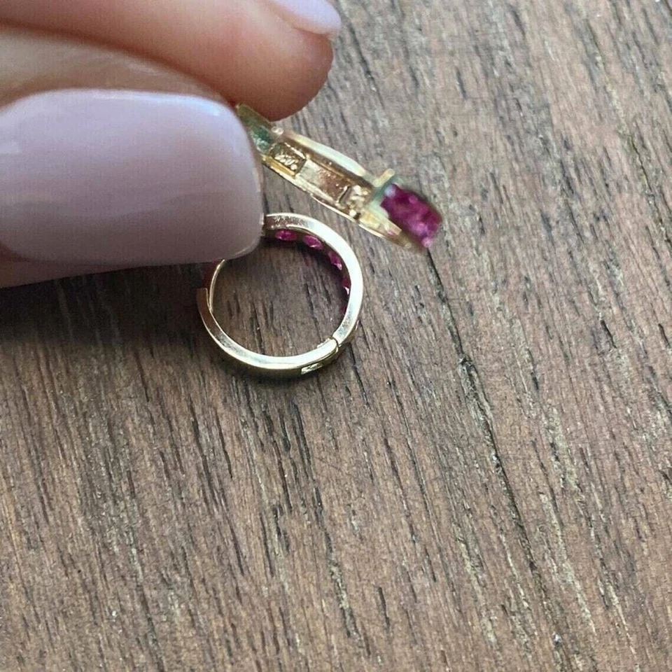 1.20Ct Round Cut Created Ruby Women's Huggie Hoop Earring 14k Yellow Gold Finish - Image 4 of 4