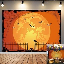 Halloween Photo Backdrop Moon Bat Spider Pumpkin Fence Halloween Night Backdrop