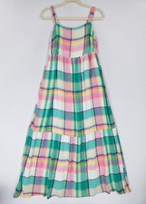 Ann Taylor LOFT Dress Women Small Pink Green Plaid Tiered Sleeveless A Line Maxi