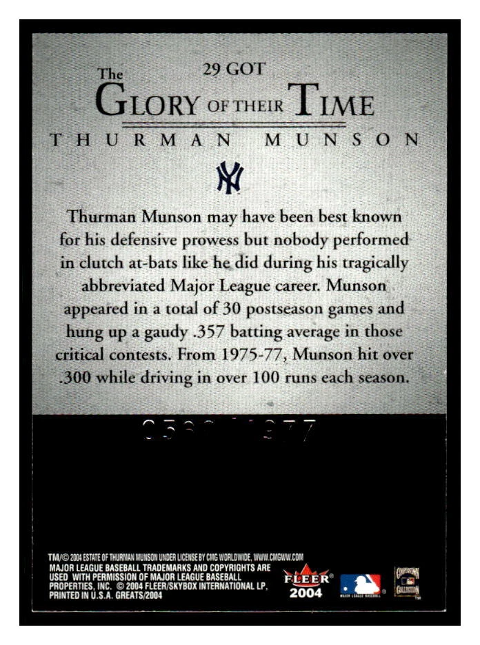 2004 Fleer Greats of the Game #29 GOT Thurman Munson Glory of Their Time #/1977 - Image 2 of 2