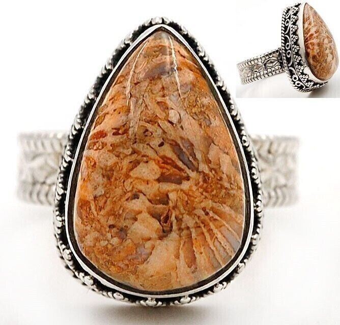 Natural Fossil Coral 925 Sterling Silver Detailed Design Ring Sz 7, 