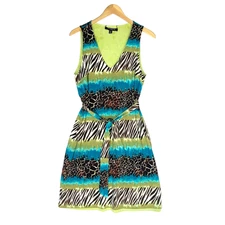 Mixed Animal Print Dress Womens M Sharagano Sage Zebra Belted Safari Sleeveless