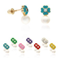 14K Yellow Gold Enameled Flower  Pearl Stud Earrings with Gem Detail