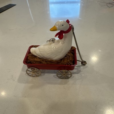 VTG Metal Red Wagon Christmas Ornament With Ceramic Duck Inside
