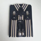 Men's Braces 35mm Beige & Navy Blue Striped Suspenders with Clips Y-Shape Back