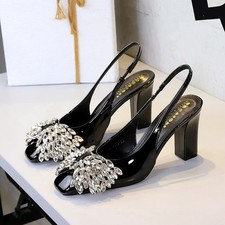Women Square Toe Patent Leather Rhinestones Bow Thick Heel Pumps High Heels