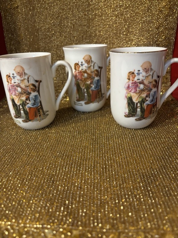 3 Vintage NORMAN ROCKWELL “The Toymaker”Coffee Cup Mug Museum Collection 1982
