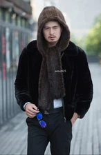 Men's Real Mink Fur Hat Scarf One Pieces Winter Warm Neckerchief Black Brown
