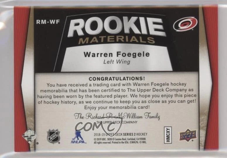 2018-19 Upper Deck Rookie Materials Patch /25 Warren Foegele #RM-WF Patch RC - Image 2 of 2