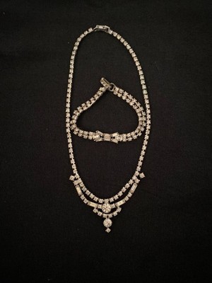 Kramer Vintage Art Deco Style Clear Rhinestone Necklace & Garne Jewelry Bracelet
