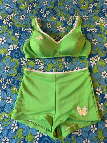 Vintage 60s Catalina Lime Green Butterfly Shorts & Bra Top Bikini Tag 14